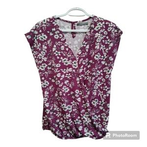 SUZY SHIER Purple Floral Draped V-Neck Blouse Size Medium